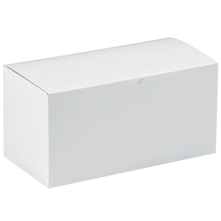 Efficient one-piece construction white fibreboard gift boxes measuring 12"x6"x6" sold by the case of 50 units. Ships and stores flat for maximum space savings and shipping cost reduction. Ideal for retail goods, vases, and e-commerce packaging with white exterior and gray interior protection.