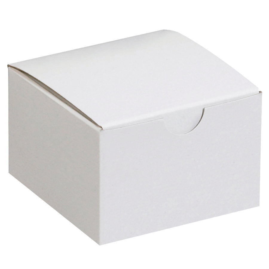 Durable 3" x 3" x 2" white fibreboard gift boxes in cases of 100 units. One-piece construction sets up in seconds with no assembly hassle. Ships and stores flat to maximize warehouse efficiency–ideal for retail goods, ornaments, and promotional packaging at unbeatable per-unit cost.
