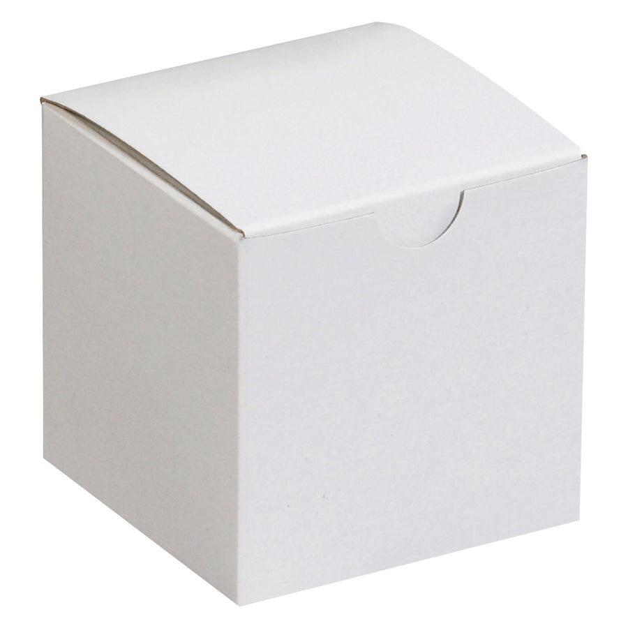 Case of 100 white fibreboard gift boxes (3x3x3") with one-piece construction that ships and stores flat. Gray interior, quick setup. Ideal for retail goods, candles, and small product packaging at wholesale pricing.