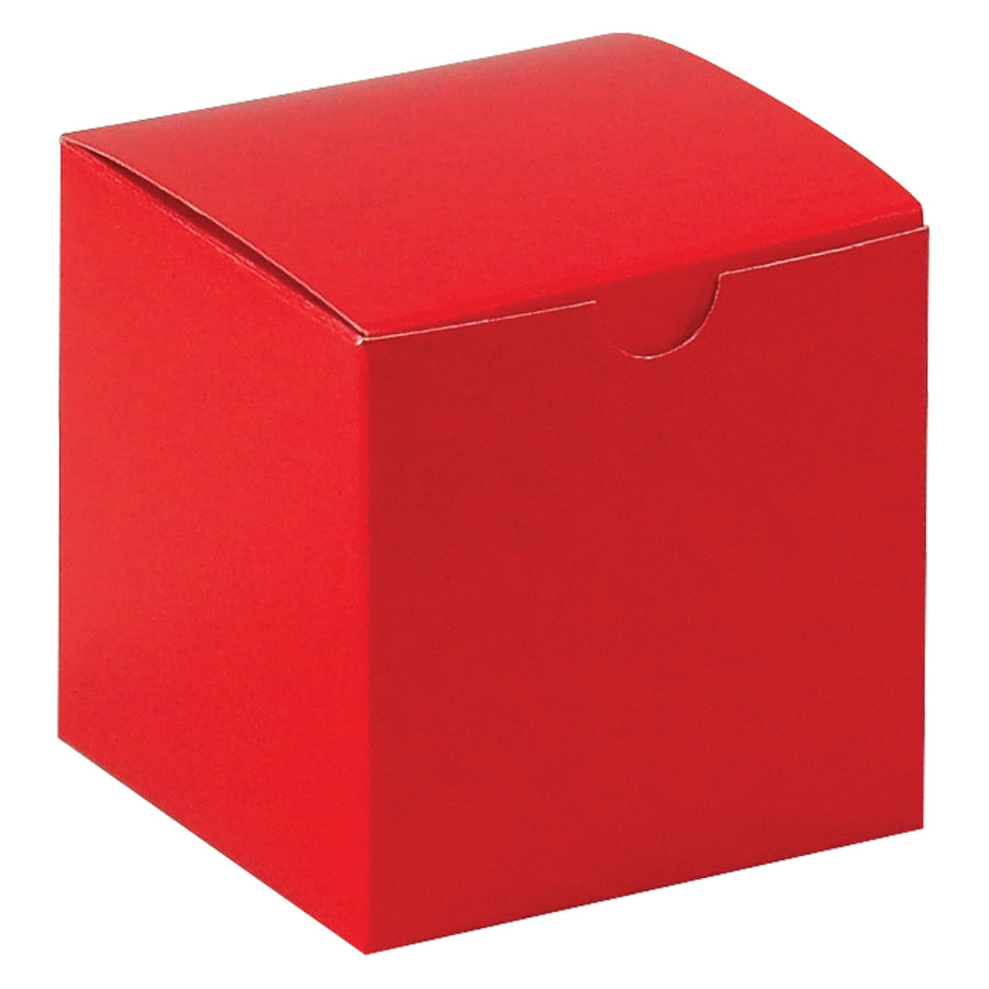 Move inventory faster with 4x4x4" holiday red fibreboard gift boxes designed for retail packaging and product protection. One-piece construction ships and stores flat–no assembly delays. Case of 100 boxes with gray interior and professional holiday red exterior.