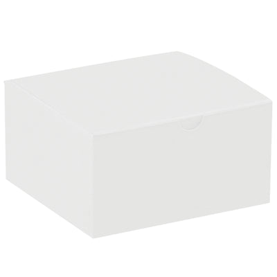 Ship-smart white gift boxes in convenient 5" x 5" x 3" dimensions‚100 per case. Fibreboard construction with one-piece setup saves assembly time and storage space. Gray interior contrasts with clean white exterior for professional presentation.