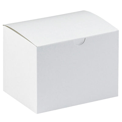 Premium white fibreboard gift boxes in 6x4.5x4.5" dimensions ship and store flat, cutting your warehouse costs. One-piece construction sets up in seconds–no assembly labor required. Case of 100 boxes with white exterior and gray interior for professional retail and corsage packaging.