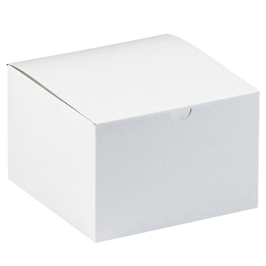 White fibreboard gift boxes with one-piece construction that sets up fast and ships flat–ideal for retail goods and gift packaging. 6"  6"  4" dimensions, sold as a case of 100 units. Gray interior protects contents while white exterior delivers professional presentation.