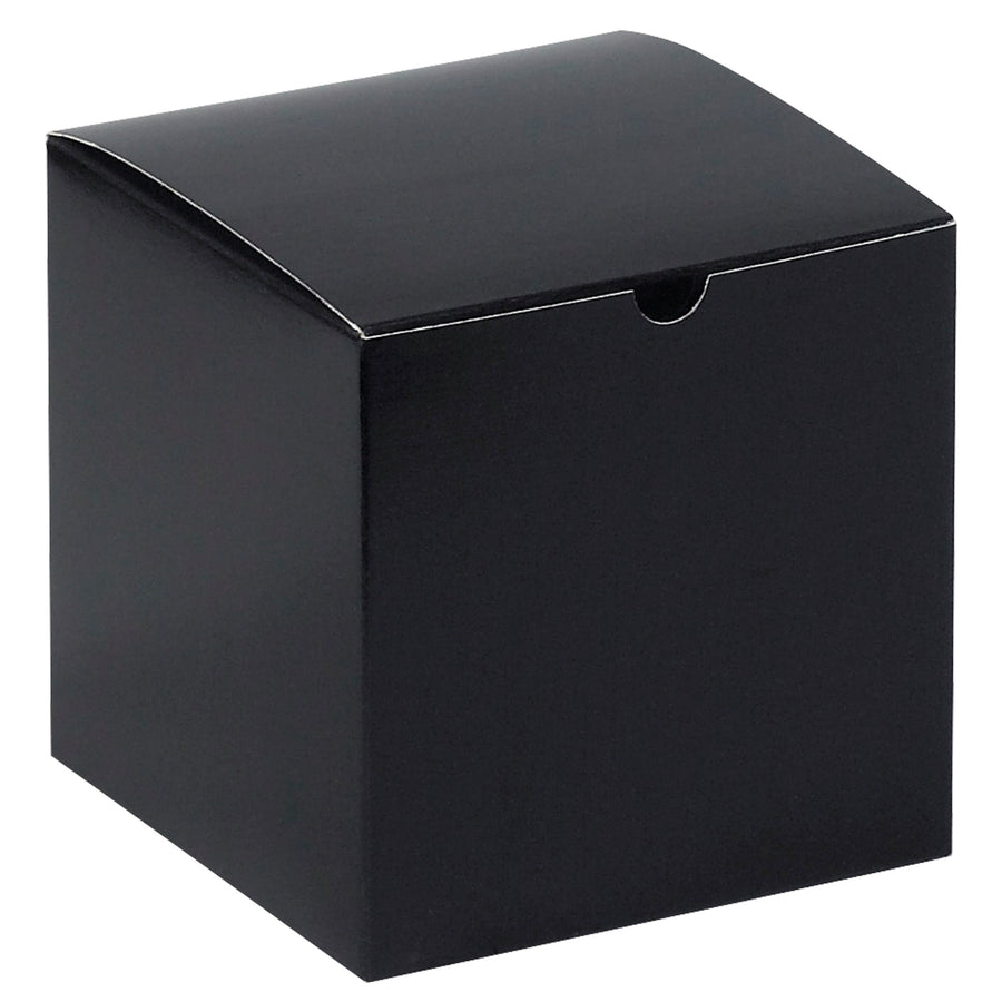 Save space and setup time with these 6x6x6 black gloss gift boxes–one-piece chipboard cartons that ship and store flat. Each case includes 100 boxes with professional black gloss exterior and gray interior. Ideal for retail goods, bowls, and gift packaging.