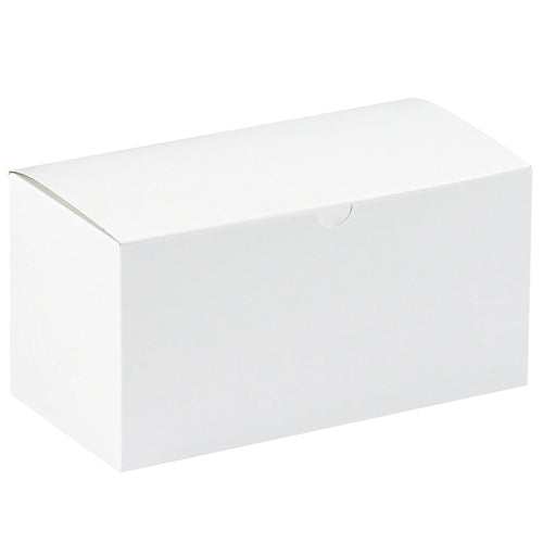 Ship-ready white fibreboard gift boxes in bulk. One-piece construction sets up in seconds with no assembly required. Pack of 100 boxes (9