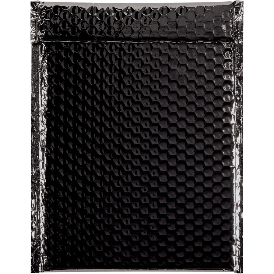 Premium 9x11.5" black glamour bubble mailers deliver impact at unbox–combining striking metallized polyester with reliable bubble cushioning for fragile goods. 92 gauge construction provides superior moisture resistance and durability. Self-sealing adhesive closure speeds packing, while lightweight design keeps shipping costs down. Case of 100 mailers.