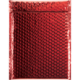 Professional-grade 9x11.5 inch red metallic bubble mailers built for e-commerce packers shipping fragile goods. 92 gauge metalized polyester with peel-and-seal closure delivers lightweight protection plus brand-boosting color impact. Case of 100 units ready to ship.