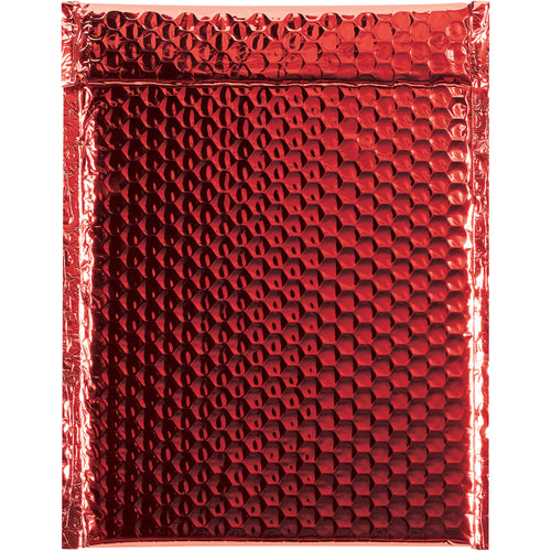 Professional-grade 9x11.5 inch red metallic bubble mailers built for e-commerce packers shipping fragile goods. 92 gauge metalized polyester with peel-and-seal closure delivers lightweight protection plus brand-boosting color impact. Case of 100 units ready to ship.