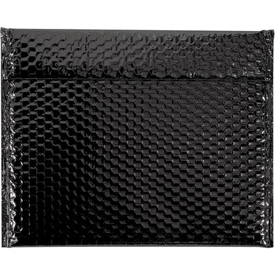 Upgrade your fragile shipments with these 11" x 13 3/4" black metallized bubble mailers featuring 92 gauge protection and professional shiny finish. Self-sealing peel-and-stick closure ensures fast, secure packing. Case of 48 mailers per order.