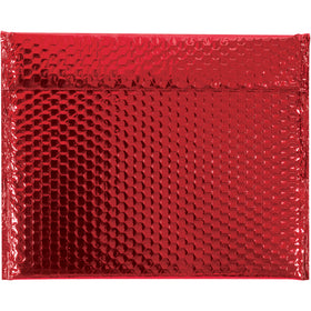 Protect fragile items while commanding attention with these 11" x 13 3/4" red metallic bubble mailers. Each case of 48 features 92 gauge metallized polyester construction, lightweight design, and peel-and-seal closure for fast, secure sealing. Ideal for e-commerce packers shipping high-value or branded goods that demand both protection and shelf appeal.