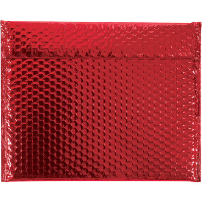 Protect fragile items while commanding attention with these 11" x 13 3/4" red metallic bubble mailers. Each case of 48 features 92 gauge metallized polyester construction, lightweight design, and peel-and-seal closure for fast, secure sealing. Ideal for e-commerce packers shipping high-value or branded goods that demand both protection and shelf appeal.