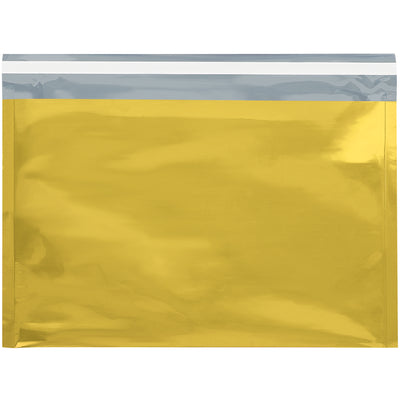 Elevate your brand with these premium 9.5x12.75 gold metallic glamour mailers featuring 2.8 mil aluminized polyester construction and peel-and-seal closure. Water-resistant and puncture-resistant design ensures professional presentation every time. Sold as case of 250 units.