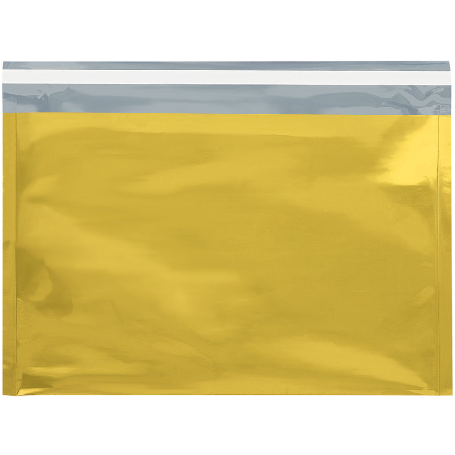 Elevate your brand with these premium 9.5x12.75 gold metallic glamour mailers featuring 2.8 mil aluminized polyester construction and peel-and-seal closure. Water-resistant and puncture-resistant design ensures professional presentation every time. Sold as case of 250 units.