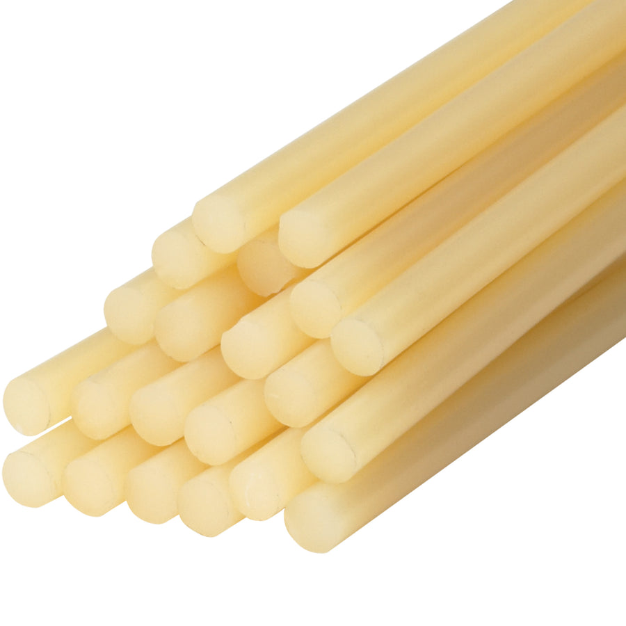 Heavy-duty hot-melt glue sticks sized 1/2" x 15" for industrial carton sealing, assembly, and multi-material bonding. Light amber formula delivers reliable, fast-setting bonds across packaging lines. Case of 300 sticks reduces downtime and keeps your production moving.