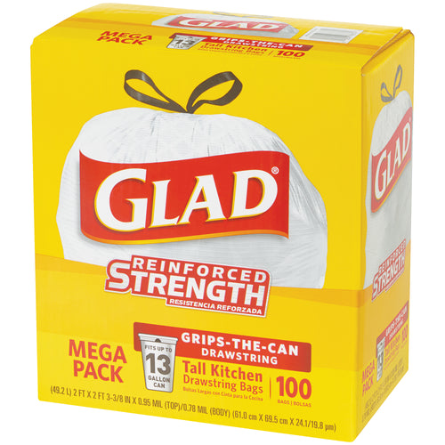 Glad 13-gallon white drawstring trash bags deliver convenient one-pull closure and durable polyethylene construction for busy commercial kitchens and janitorial facilities. 24