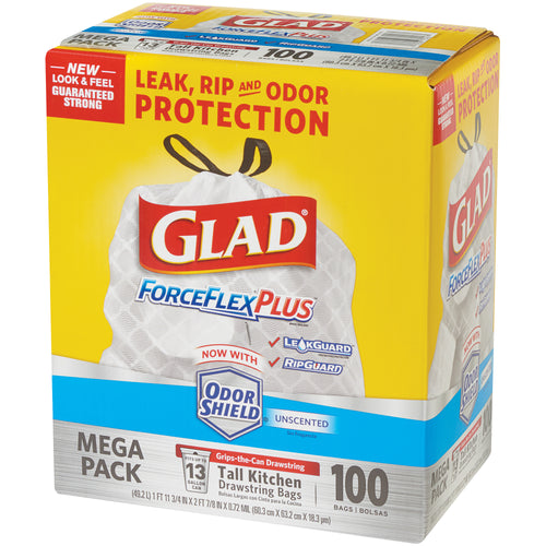 Glad ForceFlex 13 gallon white trash bags deliver puncture-resistant strength with convenient one-pull drawstring closure. Engineered polyethylene construction with added stretch power resists tears from irregular objects. Case of 100 bags provides reliable, cost-effective waste management for kitchens, offices, and facilities.