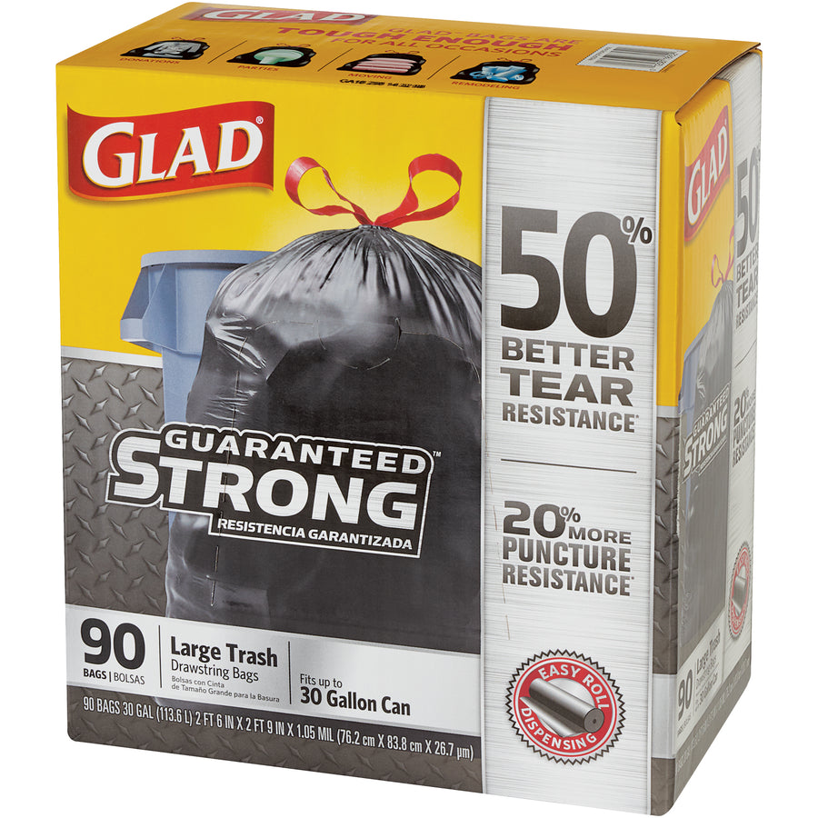Glad® 30 gallon black drawstring trash bags deliver convenient one-pull closure with reinforced polyethylene construction. Dimensions 30" x 32" per bag, sold as a case of 90 for maximum value. Ideal for commercial kitchens, offices, and janitorial operations requiring reliable, extra-strength waste containment.