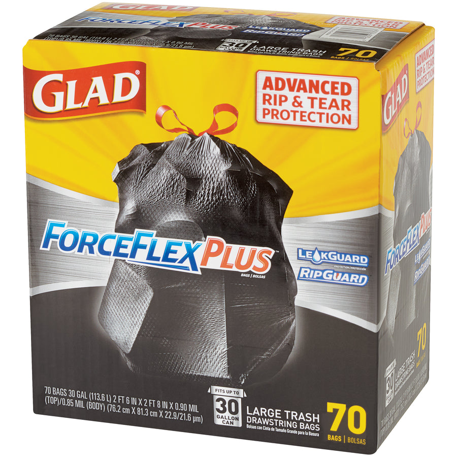 Glad ForceFlex 30-gallon black trash bags deliver extra strength and puncture resistance for demanding commercial and residential applications. Each case includes 70 durable polyethylene bags (33" x 38") with convenient drawstring handles that close securely with one pull. Ideal for janitorial facilities, kitchens, and waste management operations requiring reliable, cost-efficient disposal solutions.