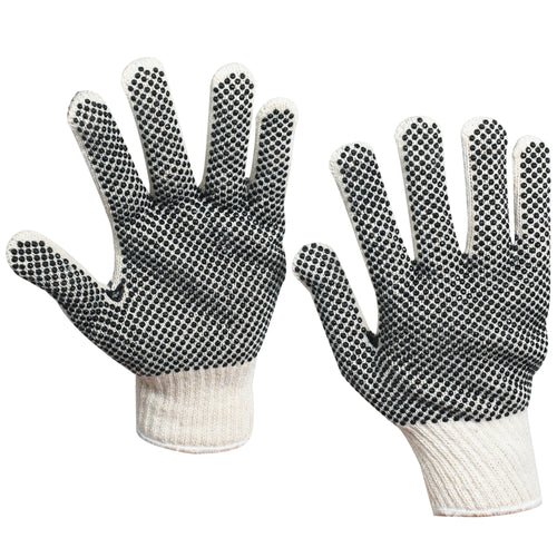 Industrial-grade poly/cotton blend safety gloves featuring dual-side PVC dots for maximum grip and dexterity in warehouse and manufacturing environments. Medium size, sold as a case of 12 pairs for cost-efficient bulk purchasing. Superior grip performance meets ANSI compliance standards for demanding work applications.