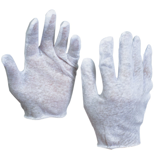 Breathable 100% cotton inspection gloves designed for warehouse and industrial inspection tasks. Ultra-lightweight 2.5 oz construction provides comfort during extended wear without sacrificing durability. Sold as a case of 12 pairs in large size‚washable for cost-effective reuse.