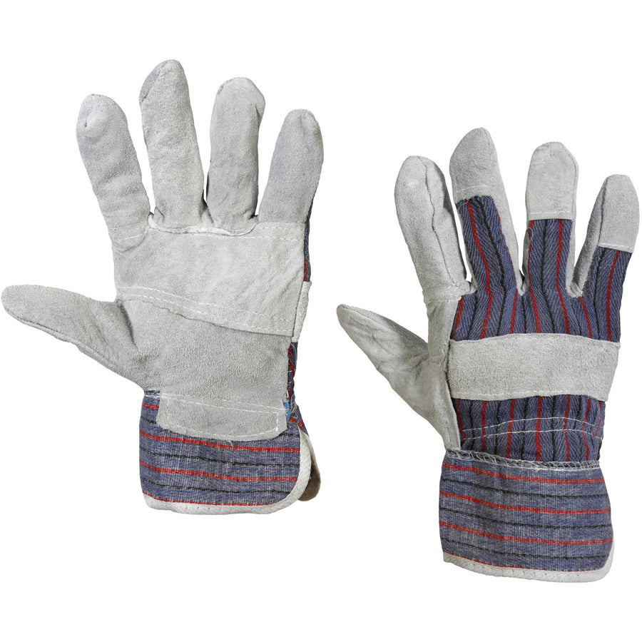 Professional-grade leather palm gloves with reinforced safety cuff for warehouse and industrial operations. Gray cotton-backed construction keeps hands cooler while leather palms deliver durability against wear and abrasion. Sold by the case (12 pairs) for cost-effective team outfitting.