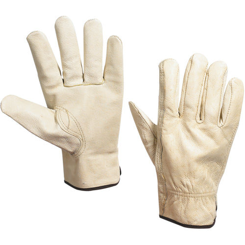 Heavy-duty cowhide leather driver's gloves sized large, sold as a case of 3 pairs for maximum value. Premium construction with reinforced ball and tape wrist strap ensures a snug, secure fit that keeps out elements and debris. Ideal for warehouse workers, drivers, and industrial operations requiring reliable hand protection.