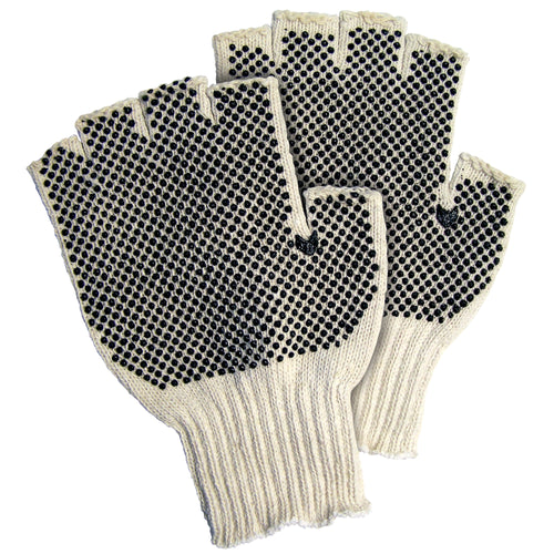 Maximize worker dexterity with ambidextrous fingerless PVC dot gloves designed for warehouse and assembly operations. Poly/cotton blend construction with grip-enhancing PVC dots on both sides ensures secure handling without sacrificing finger sensitivity. Ships as a case of 12 pairs for cost-effective safety gear restocking.