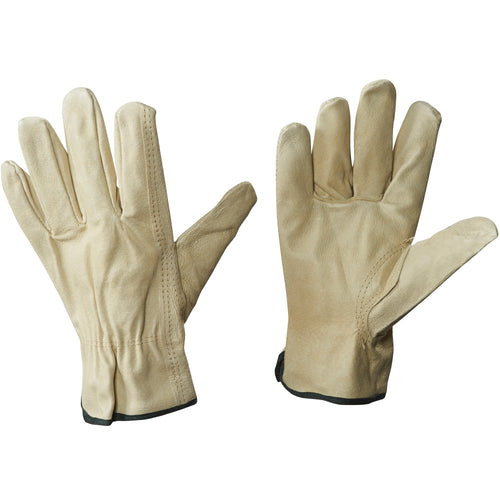 Heavy-duty pigskin leather driver's gloves designed for exterior jobs and demanding warehouse work. These safety gloves won't stiffen when exposed to moisture and continue to soften with regular use, delivering superior comfort and durability. Sold as a case of 3 pairs in natural leather.