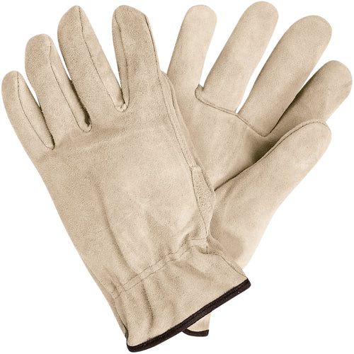 Heavy-duty cowhide leather driver's gloves designed for industrial workers who need reliable hand protection in demanding warehouse and utility environments. Each case includes 3 pairs of large gloves with keystone thumb, bound hem, and ball-and-tape wrist strap for a secure, dirt-resistant fit. Superior thermal insulation protects hands from both heat and cold exposure.