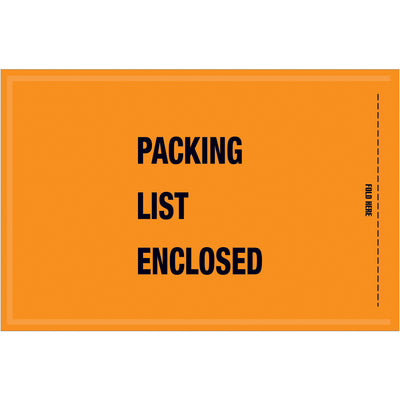Bright fluorescent orange packing list envelopes designed to protect shipping documents and ensure compliance. Pre-printed "Packing List Enclosed" messaging in heavy-duty 2 mil poly with industrial-strength hot melt adhesive backing. Case of 1000 envelopes (5 1/4" x 8").
