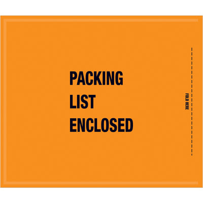 Fluorescent orange packing list envelopes sized 8.5" x 10" with "Packing List Enclosed" pre-printed on heavy 2 mil poly material. Hot melt adhesive backing ensures strong, reliable adhesion to corrugated boxes and paper surfaces. Sold as 1 case of 1,000 units.