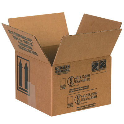 Engineered ECT-44 single-wall corrugated hazmat shipping boxes designed for 1-quart paint cans. Pre-printed with CFR 49 178.601B compliance markings and directional arrows. Ship flat to maximize freight efficiency and cut storage overhead by 40%–25 boxes per bundle.
