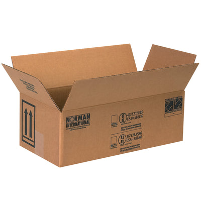 DOT-compliant ECT-44 single-wall corrugated boxes designed for safe 2-quart paint can shipping. Pre-printed with mandatory hazmat warnings and "This Side Up" arrows. Ships flat to maximize warehouse storage efficiency–order 25-pack bundles and reduce freight costs per unit.