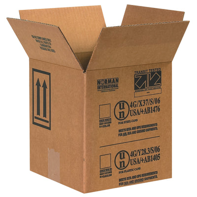 UN-rated ECT-44 corrugated hazmat boxes designed for safe 1-gallon paint can shipment. Dimensions 8.5"  8.5"  9.3125" with pre-printed hazardous material warnings and directional arrows. Flat-shipped bundle of 25 reduces warehouse footprint and freight costs.