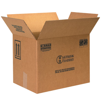 DOT-compliant hazmat shipping boxes designed for 1-gallon F-style paint cans. Each carton holds 4 cans with ECT-44 single-wall corrugated kraft construction. Pre-printed with mandatory warnings and directional arrows. Ships flat to maximize warehouse storage efficiency.