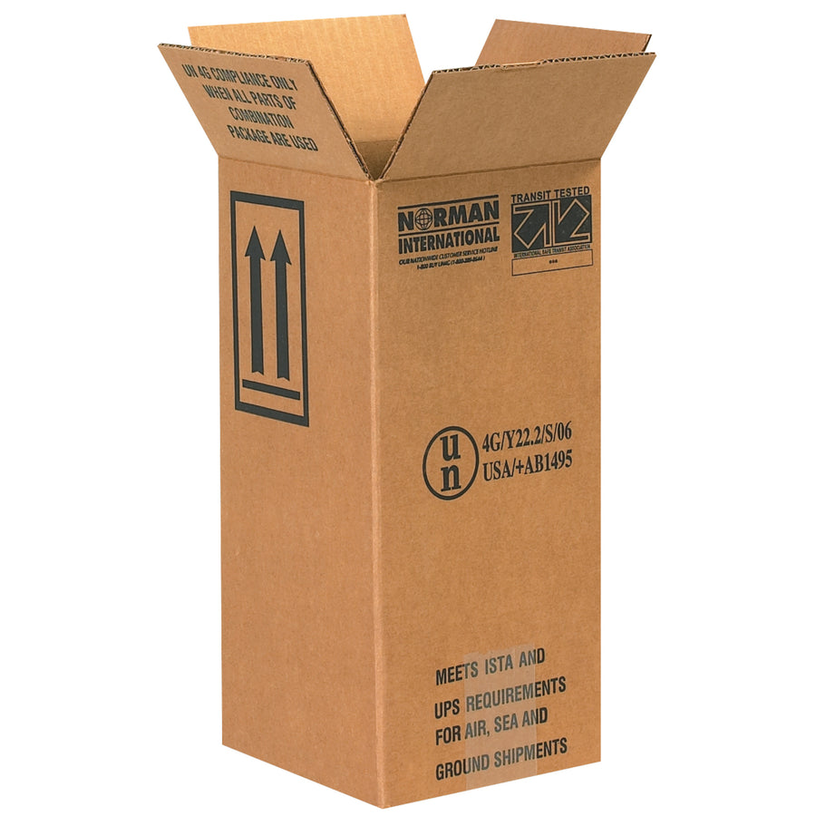 UN-certified hazmat shipping boxes designed for 1-gallon plastic jugs with ECT-44 single-wall kraft construction. Pre-printed with mandatory hazmat warnings and directional arrows. Bundle of 20 ships flat to maximize warehouse efficiency and minimize storage costs.
