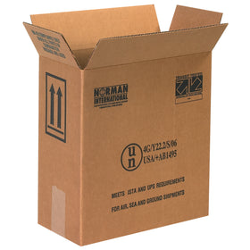 ECT-44 single-wall corrugated hazmat boxes designed to safely ship two 1-gallon plastic jugs per carton. UN-certified (4G/Y19.7/S & 4G/Y19.8/S) with pre-printed hazard warnings and directional arrows. Ships flat to maximize warehouse storage and reduce freight spend–bundle of 20 cartons.