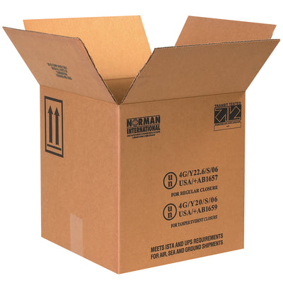 Engineered for hazardous materials compliance: these ECT-44 single wall corrugated boxes ship 4 one-gallon plastic jugs safely per UN 4G/Y19.7 and 4G/Y19.8 standards. Kraft construction with pre-printed warning labels and directional arrows. Flat-ship design cuts storage footprint by 40% versus assembled inventory.