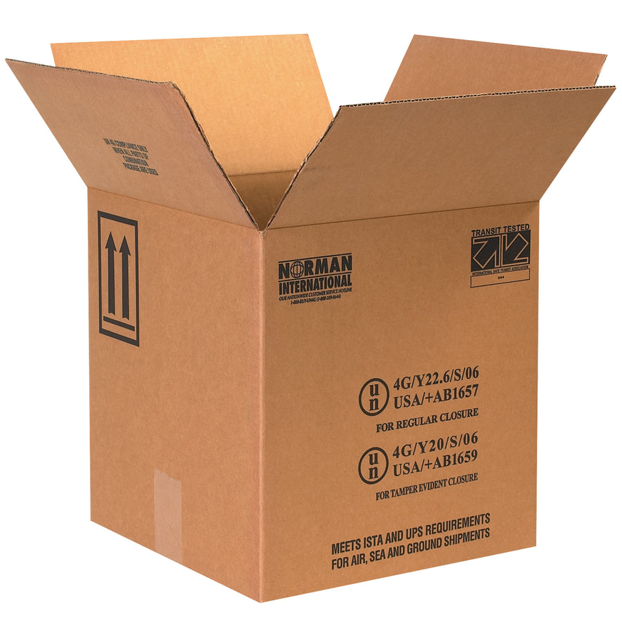 Engineered for hazardous materials compliance: these ECT-44 single wall corrugated boxes ship 4 one-gallon plastic jugs safely per UN 4G/Y19.7 and 4G/Y19.8 standards. Kraft construction with pre-printed warning labels and directional arrows. Flat-ship design cuts storage footprint by 40% versus assembled inventory.