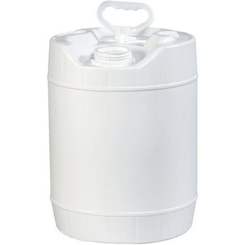DOT-compliant 5 gallon closed head plastic pail engineered for safe hazardous materials shipping. Features non-removable lid with pour spout and recessed design for efficient stacking and storage. Durable white plastic construction meets CFR 49 178.601B requirements.