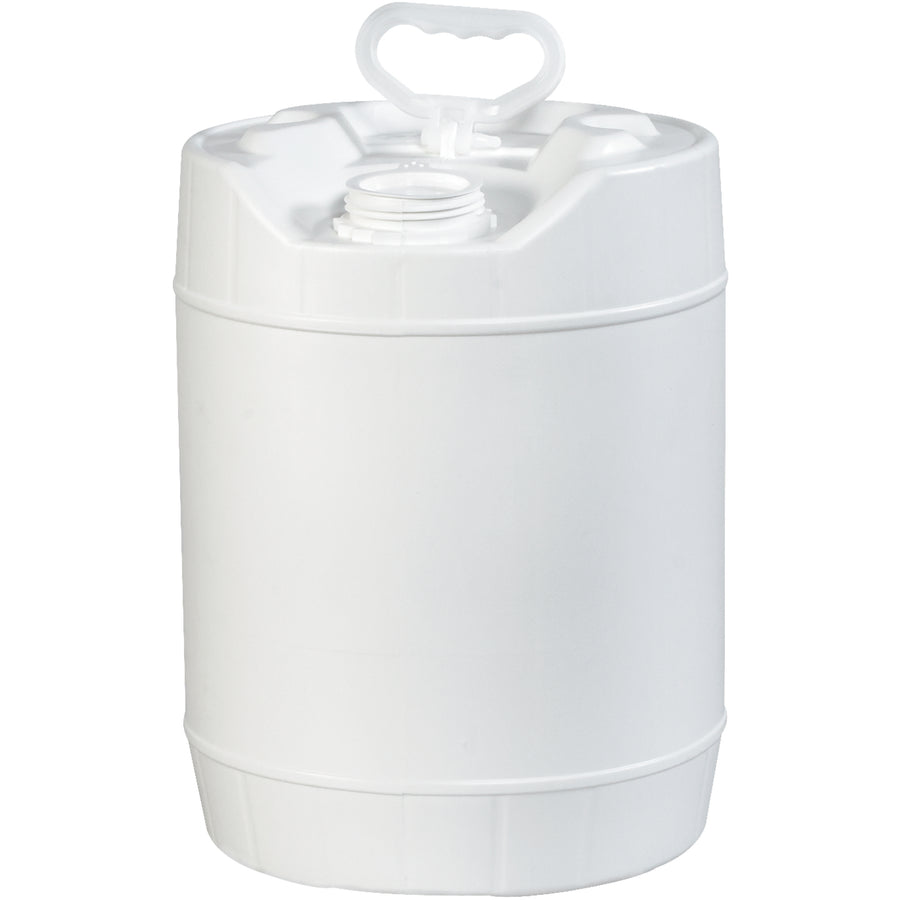 DOT-compliant 5 gallon closed head plastic pail engineered for safe hazardous materials shipping. Features non-removable lid with pour spout and recessed design for efficient stacking and storage. Durable white plastic construction meets CFR 49 178.601B requirements.