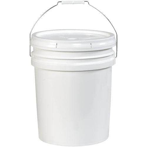 Durable 5 gallon open head plastic pail engineered for safe hazardous materials shipping and storage. White plastic construction meets DOT CFR 49 178.601B standards. Sold individually with nesting design for cost-efficient warehouse storage.