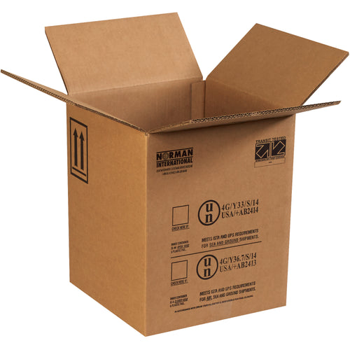 ECT-48 double-wall corrugated hazmat shipping boxes engineered for 5-gallon pail transport. Each bundle includes 10 boxes (12.5