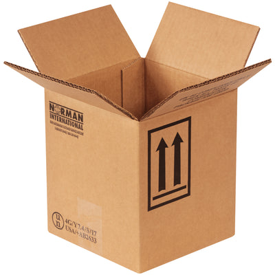 UN 4G/Y7.4/S certified haz mat boxes designed for safe 1-gallon liquid shipment. Single-wall ECT-44 kraft corrugated with pre-printed hazard warnings and directional arrows. Bundle of 20 cartons ships flat for maximum warehouse efficiency.