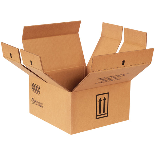 Kraft ECT-51 double wall corrugated haz mat boxes engineered for safe transport of 4 x 1-gallon containers. Pre-printed with mandatory UN 4G warning labels and directional arrows. Ships and stores flat–10 cartons per bundle.