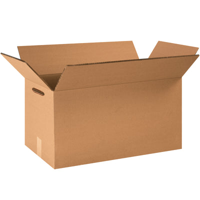 Heavy-duty ECT-48 double wall corrugated boxes engineered for warehouse and fulfillment operations. 24x20x12 kraft cartons with integrated hand holes ship flat to maximize freight efficiency and reduce storage footprint. Bundle of 10 boxes.