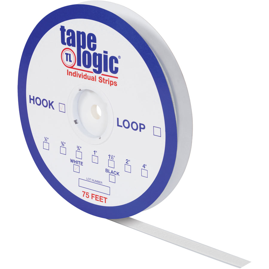 Professional-grade 5/8" x 75' white hook and loop strips engineered for high-speed packing lines and case sealing operations. Nylon construction with rubber-based, pressure-sensitive adhesive performs in extreme temperatures. Sold as case of 1 individual strip.