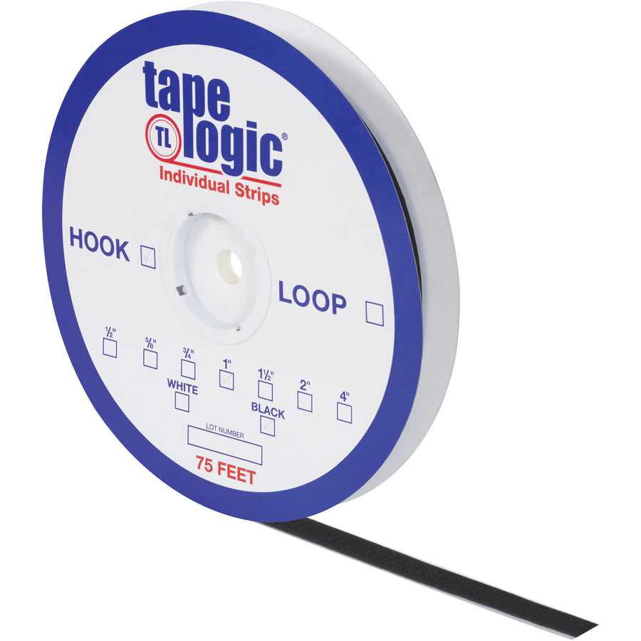 Professional-grade 4" x 75' black nylon loop tape strips designed for packing line supervisors who need reliable, weather-resistant fastening. Pressure-sensitive adhesive works in high and low temperature environments with secure hook-and-loop closure system. One case of individually packaged strips ready for immediate dispenser use.