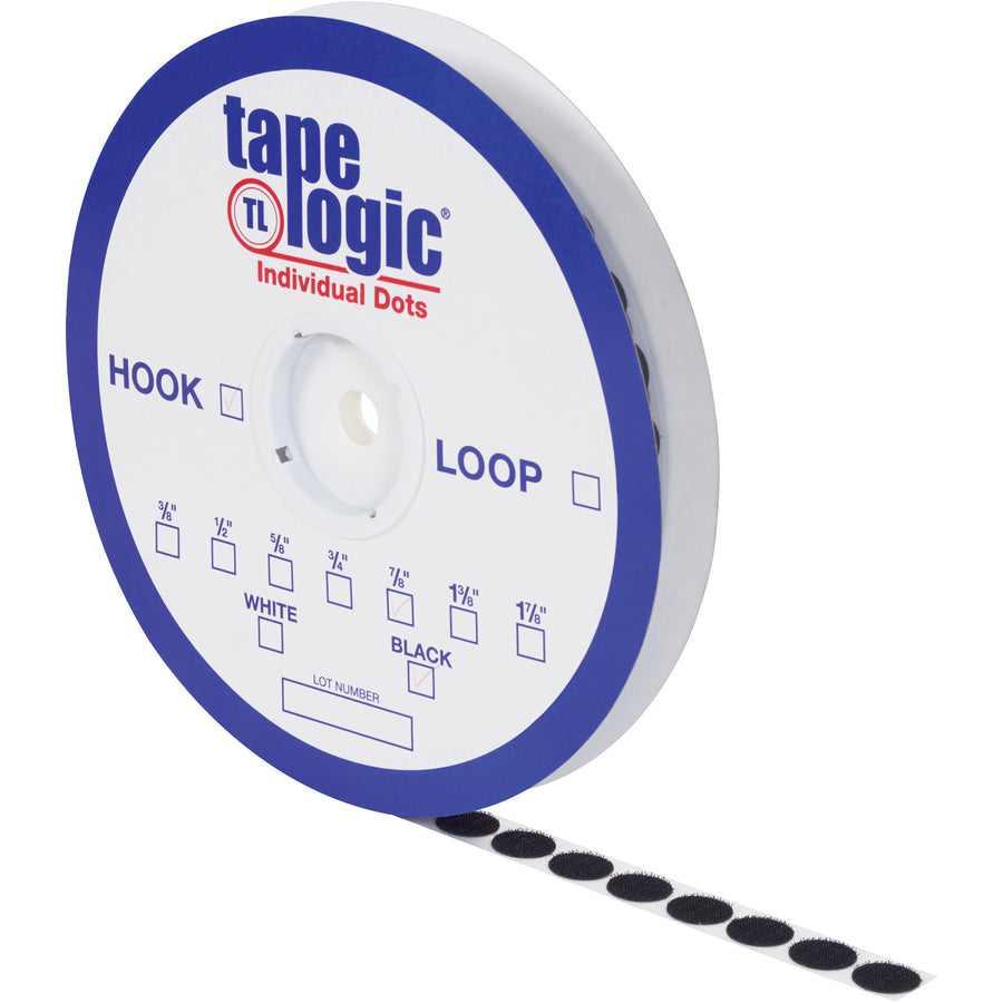 Tape Logic 3/8" black hook dots deliver reliable touch fastener closure for high-speed packing lines. Nylon construction with rubber-based, pressure-sensitive adhesive for both high and low temperature environments. 1800 dots per case‚the efficient fastening solution for case sealing and item attachment.