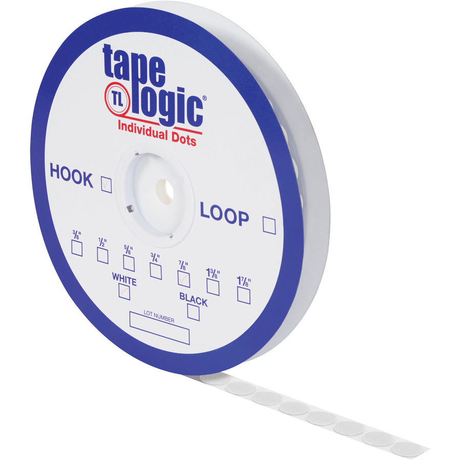 Tape Logic 3/8" white hook dots deliver secure, reusable fastening for high-speed packing lines. Nylon material with pressure-sensitive rubber adhesive performs reliably in temperature extremes. Buy by the case: 1800 individual dots per order‚no loop dots included.